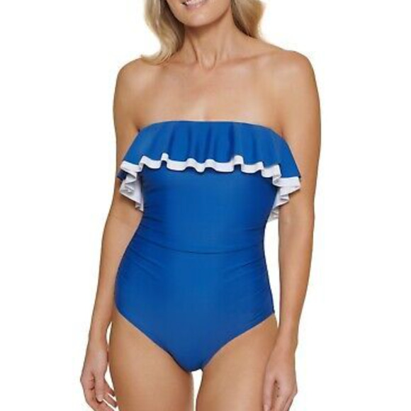 Tommy Hilfiger GULF BLUE Strapless Flounce One-Piece Swimsuit US 6 NWT - Picture 1 of 4